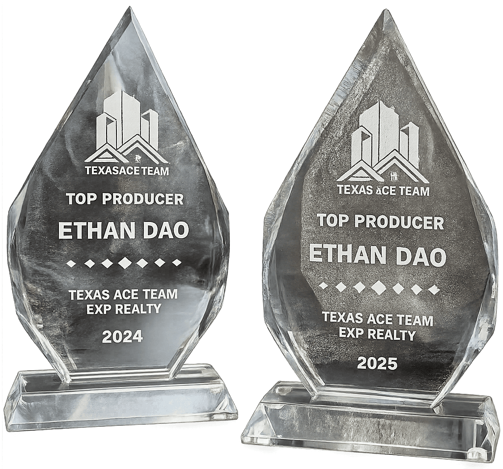 Texas Ace Team Top Producer crystal awards for Ethan Dao, 2024 and 2025